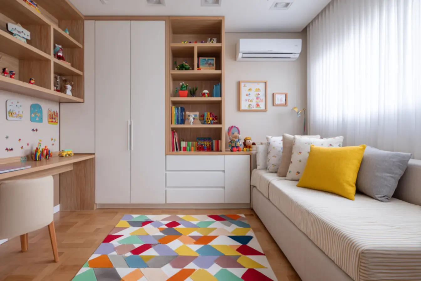 Detalhe de um armário infantil planejado com materiais seguros e duráveis