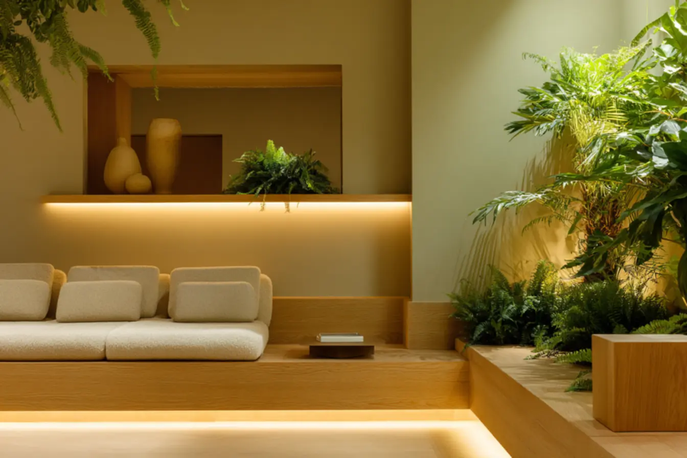Espaço com design biofílico e iluminação natural