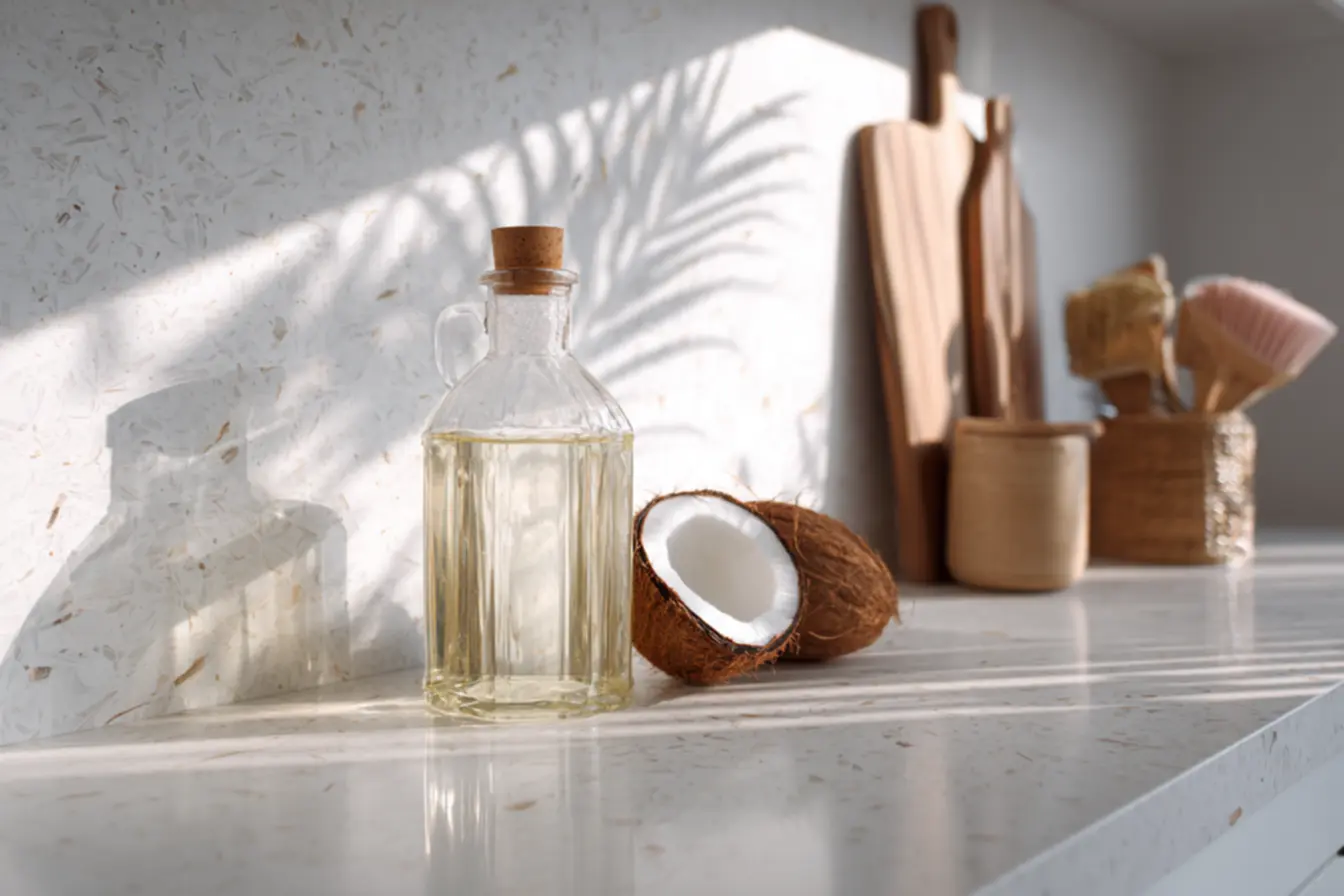 Mulher usando óleo de coco para limpar a cozinha