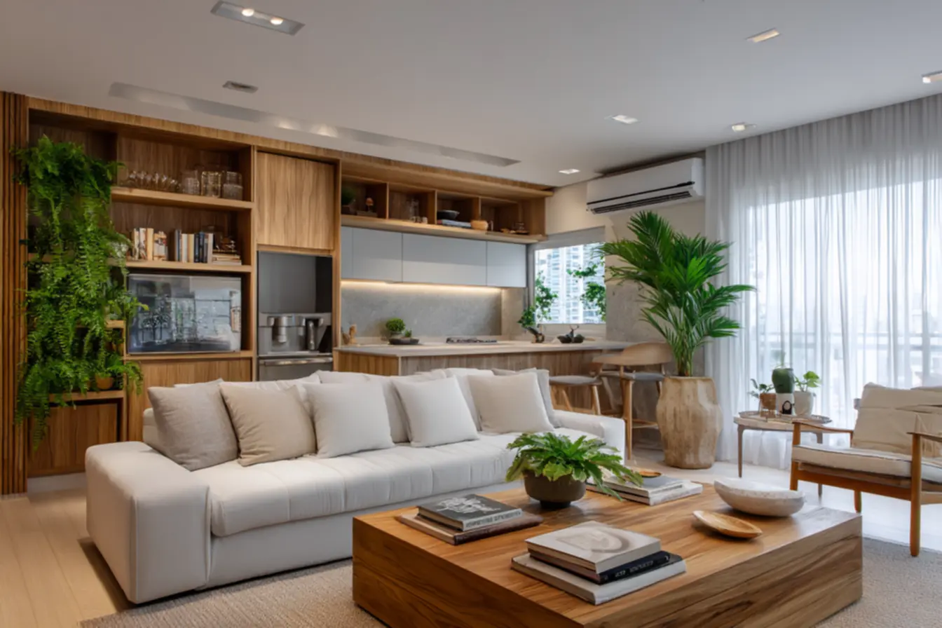 Cozinha integrada com sala de estar: design moderno e funcional.