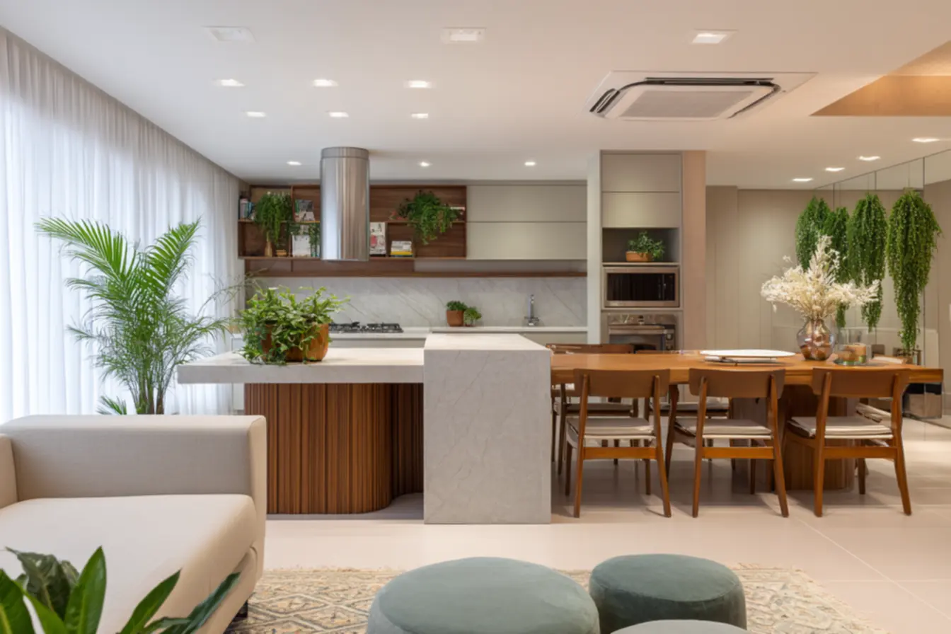 Harmonização de cores em ambientes integrados: sala e cozinha.