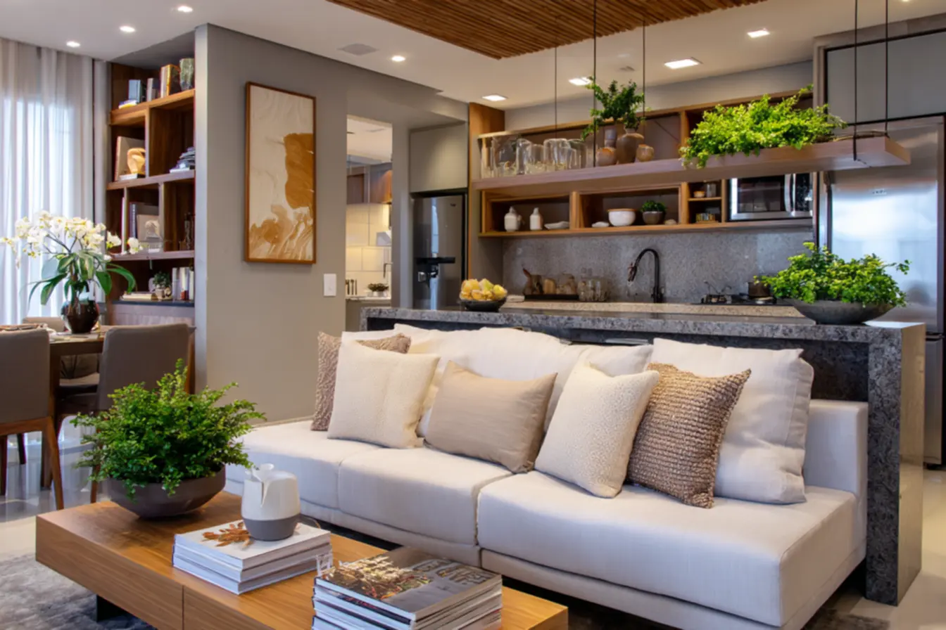 Iluminação ideal para sala e cozinha integradas: destaque e conforto.