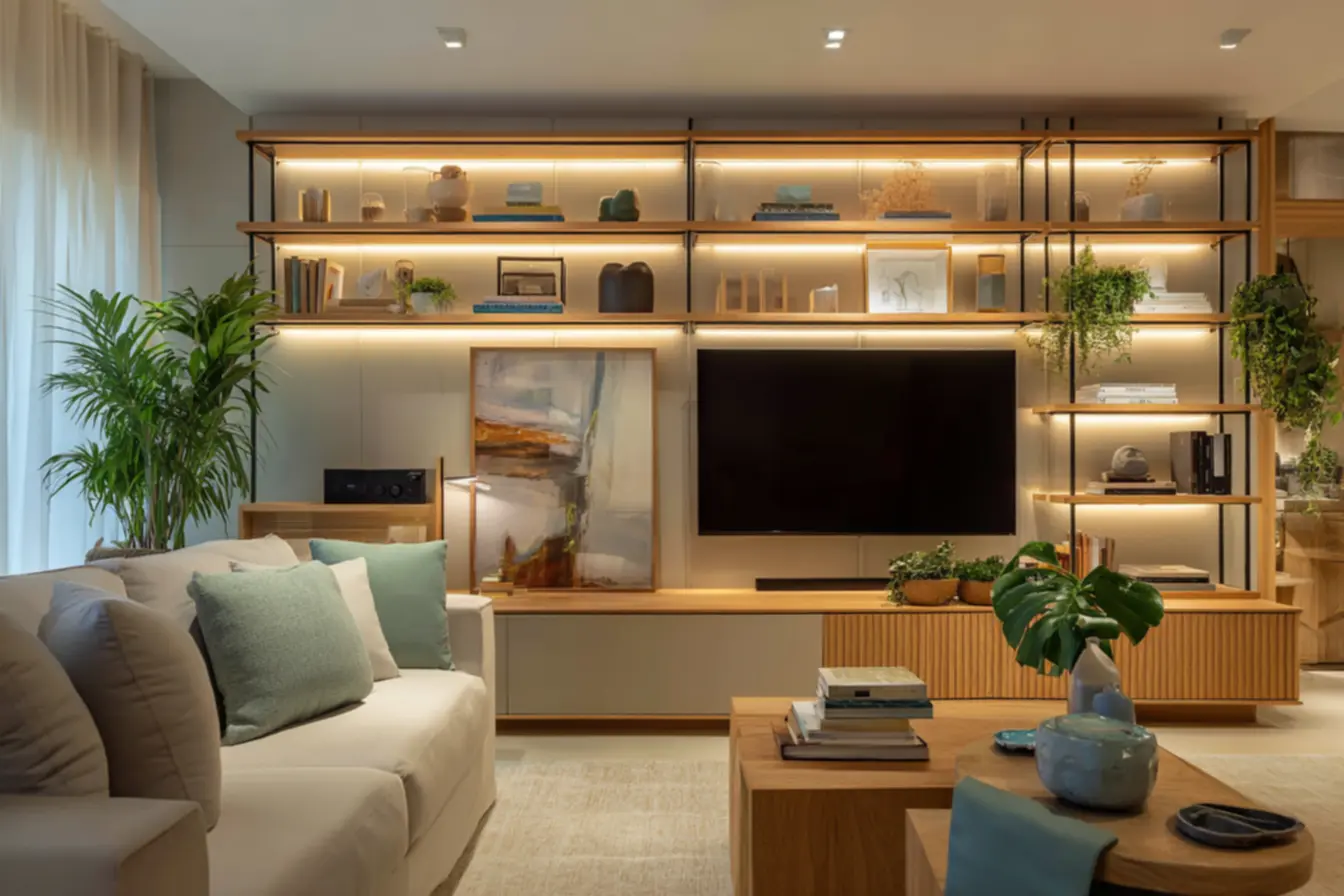 Sala de estar transformada com estante integrada sob medida