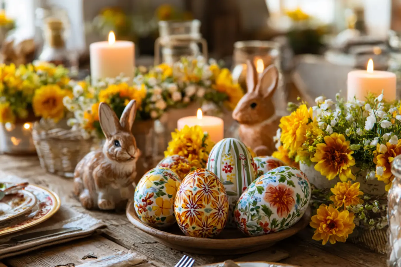 Arranjo de páscoa com flores, ovos coloridos e coelhinhos