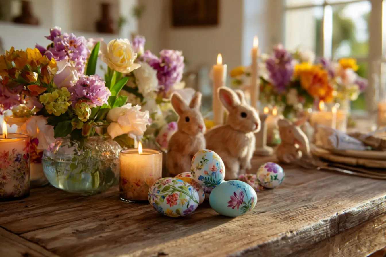 Mesa decorada para a Páscoa com elementos simples e baratos