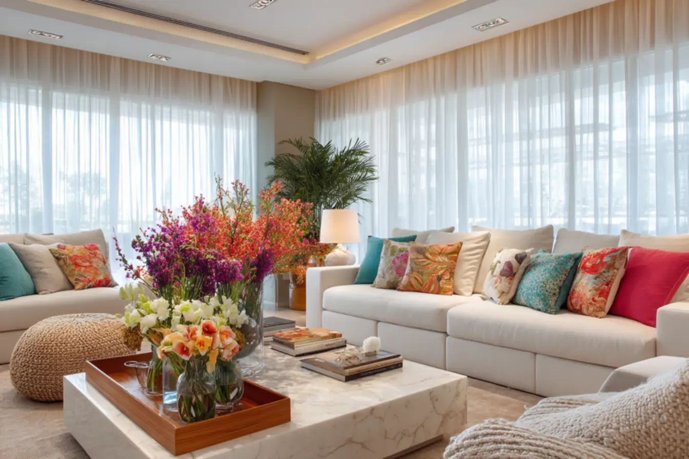 Sala de estar decorada com plantas e cores vibrantes.