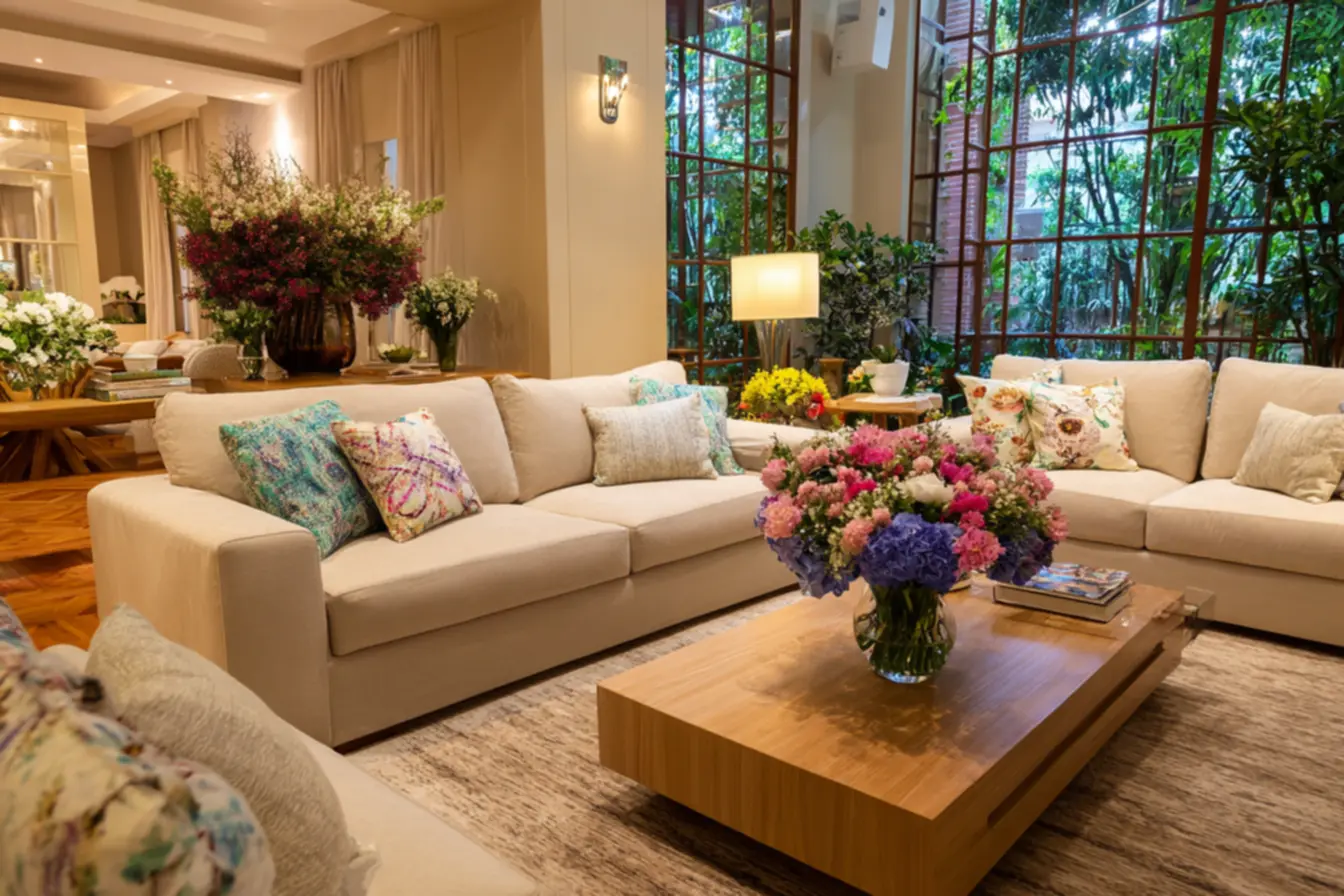 Sala com paleta de cores neutras e toques de cor em acessórios.