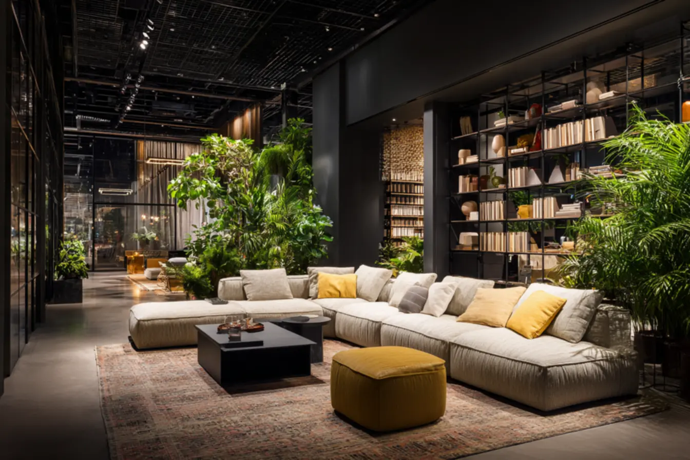 Sala de estar com plantas e móveis de madeira