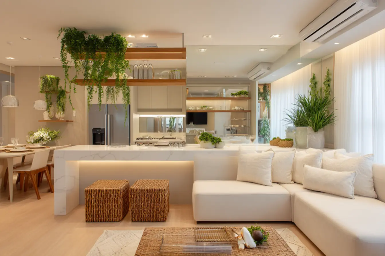 Integração de ambientes com cozinha e sala americana