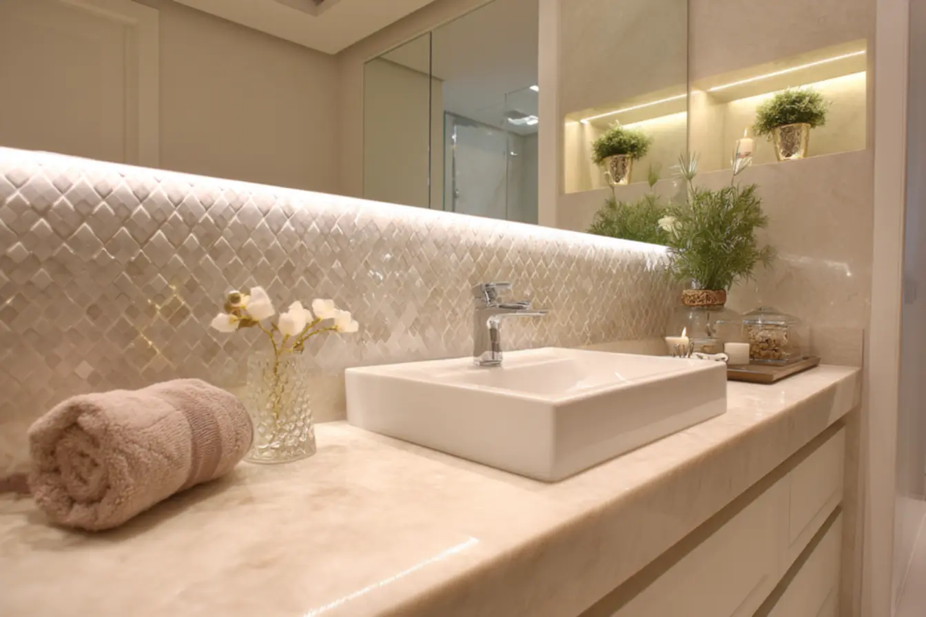 Decoração de nichos de banheiro com plantas e velas