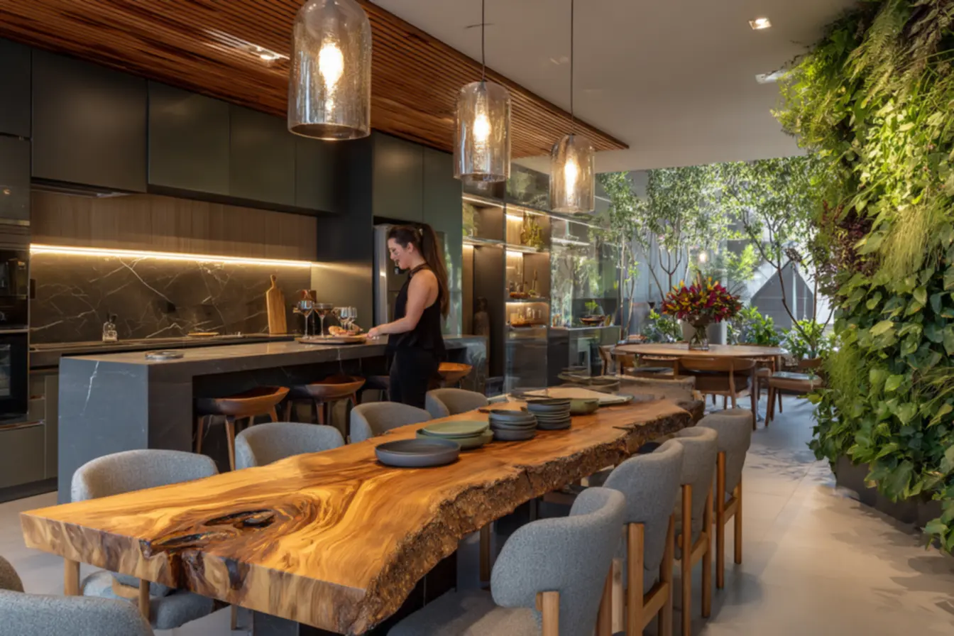 Elementos naturais e design biofílico na área gourmet