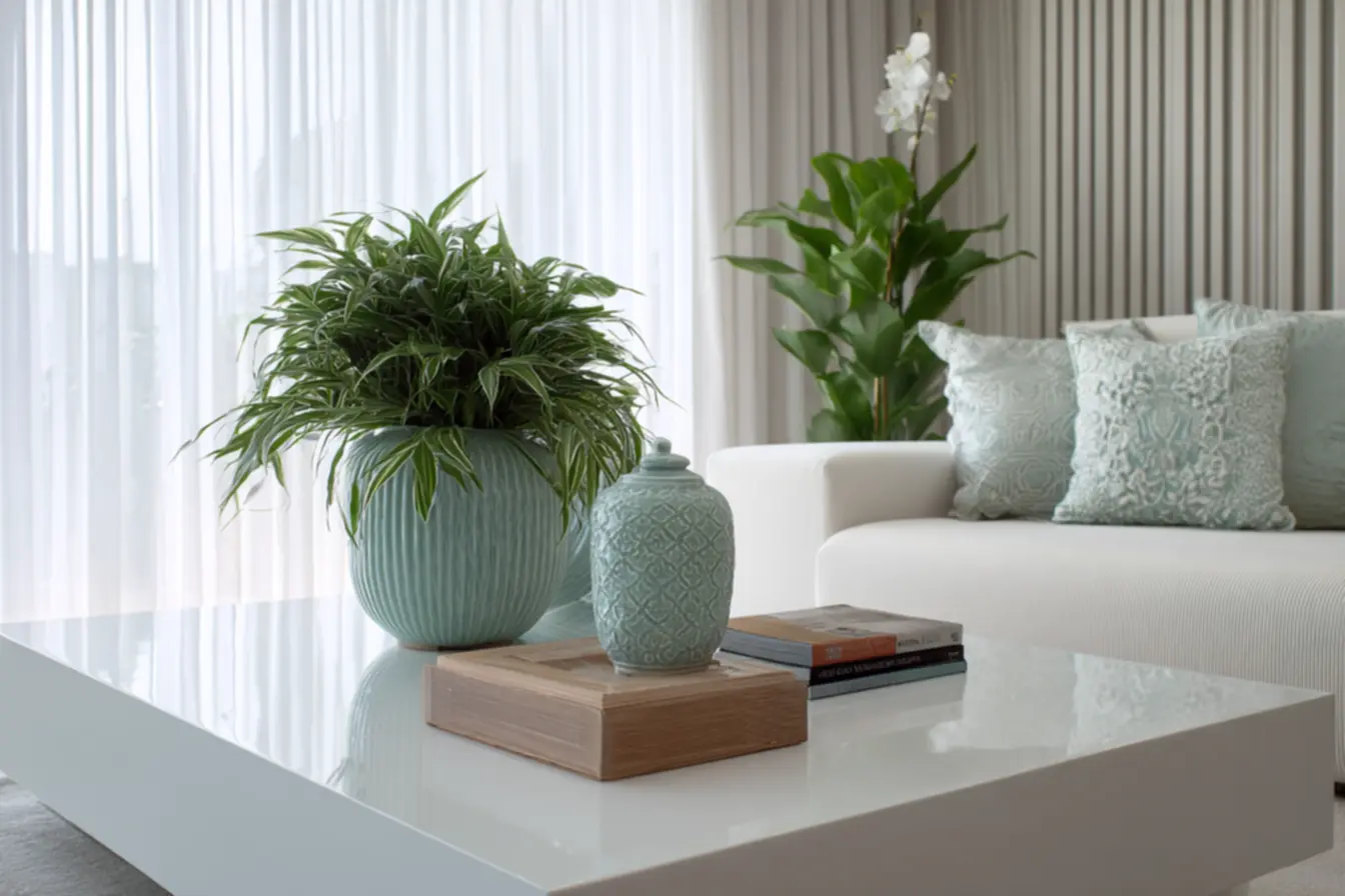 Sala de apartamento minimalista com elementos naturais