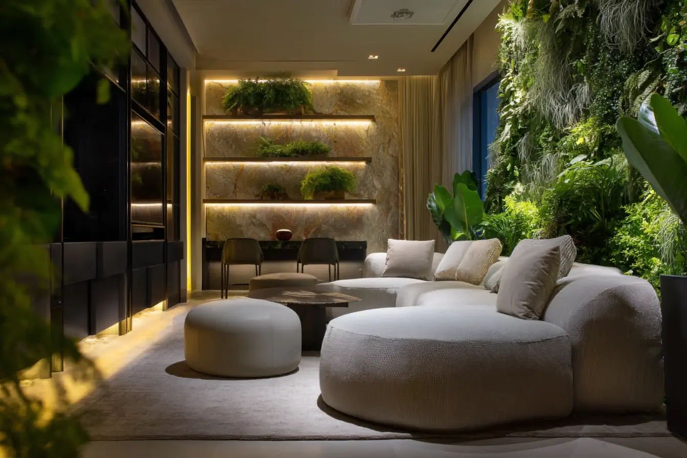 Sala de apartamento com tecnologia integrada e iluminação inteligente