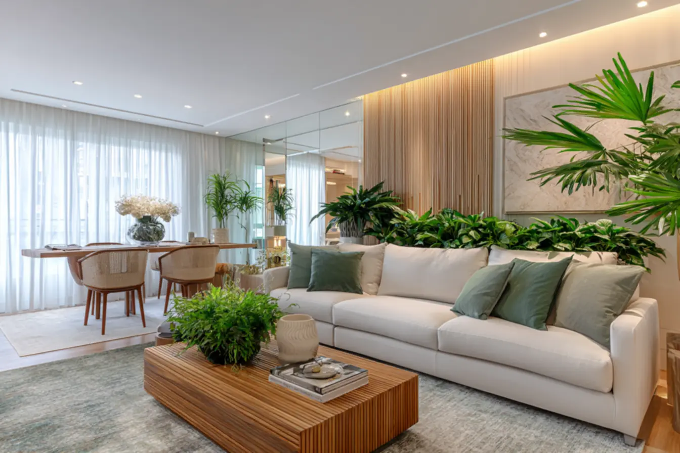 Sala de apartamento com design biofílico e plantas