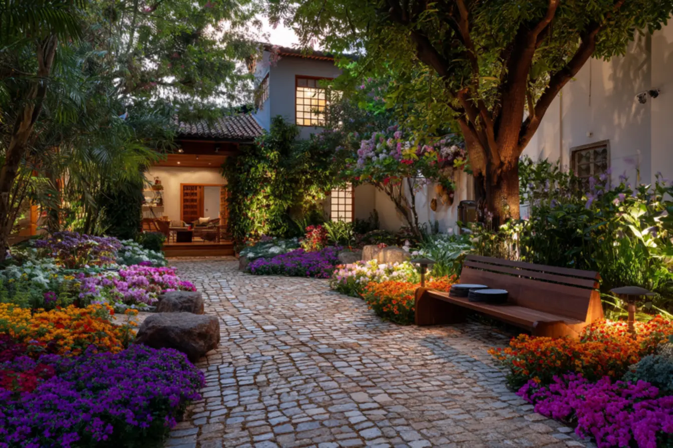 Piscina natural exuberante em casa com jardim