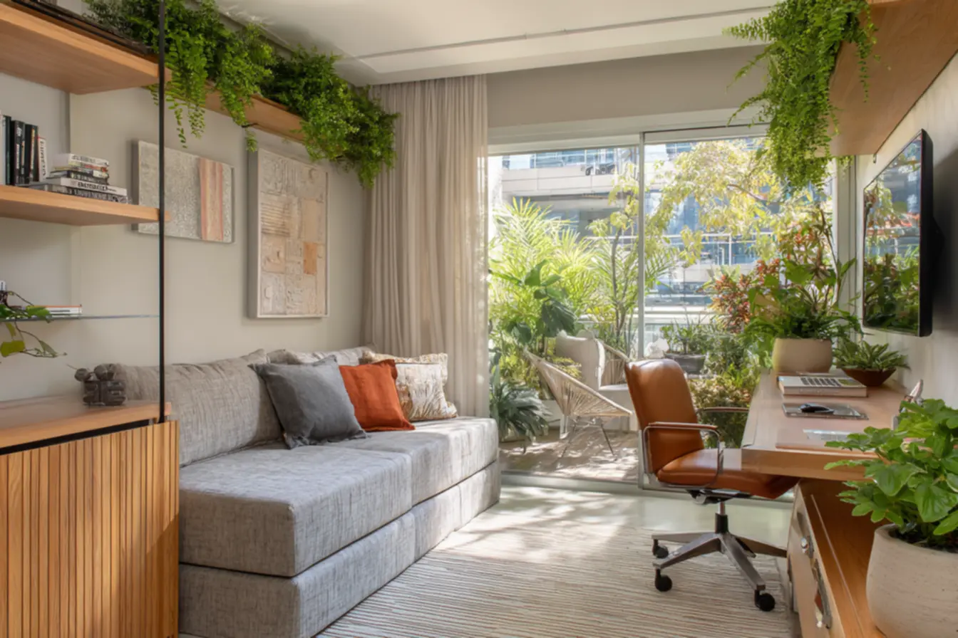 Sala de visita pequena com cores claras e iluminação natural