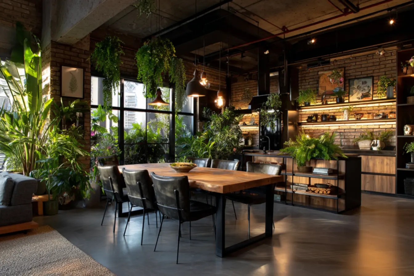 Cozinha industrial com ilha central e design moderno