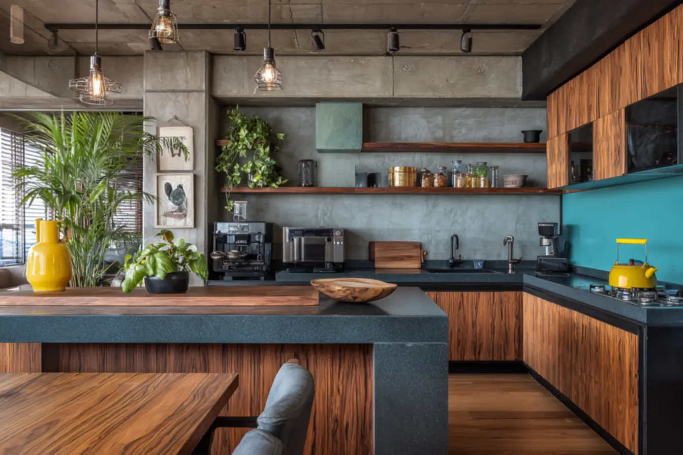 Cozinha com armários azuis e detalhes em madeira clara