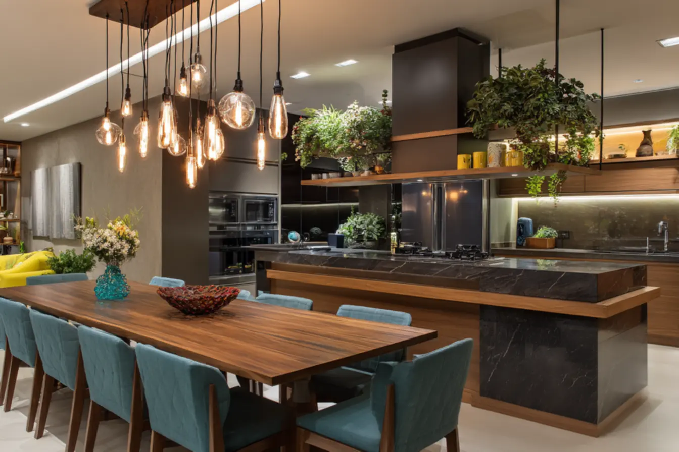 Detalhe de cozinha com revestimento estampado e utensílios coloridos