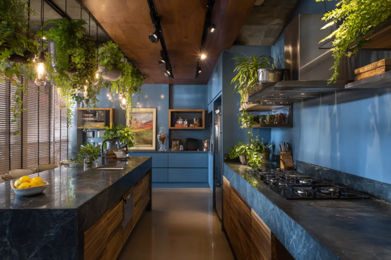 Cozinha com plantas e cores vibrantes na decoração