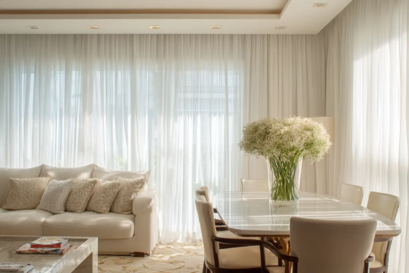 Quarto com voil suave e persiana blackout, garantindo conforto e escuridão para um sono tranquilo. Chega de cortina pesada.