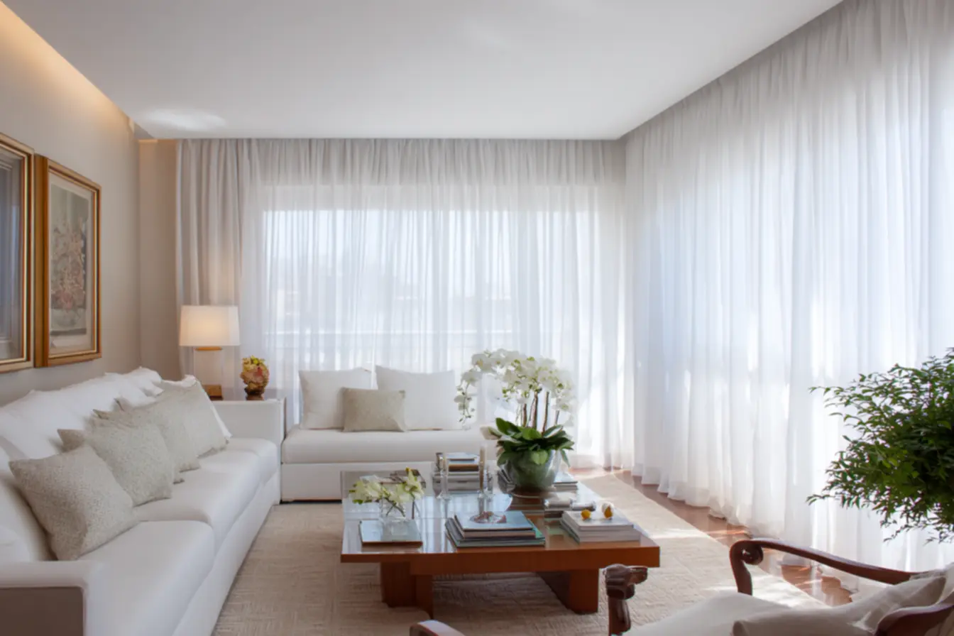 Detalhe de cortina de linho leve com textura orgânica, trazendo natureza e elegância para o ambiente.