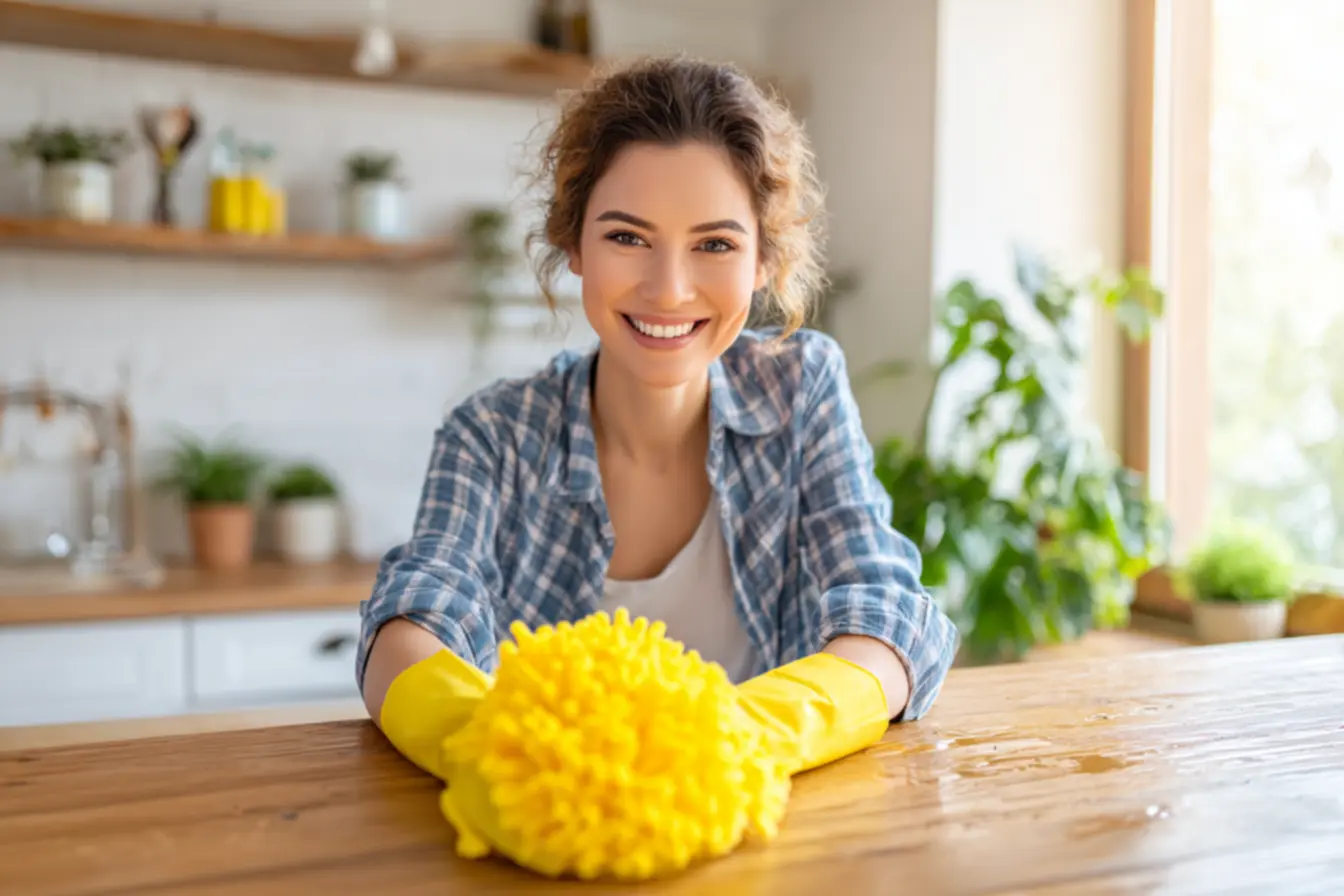 Pessoa limpando uma superfície de cima para baixo, mostrando a técnica correta para evitar retrabalho. Chega de limpar do jeito errado sem método.