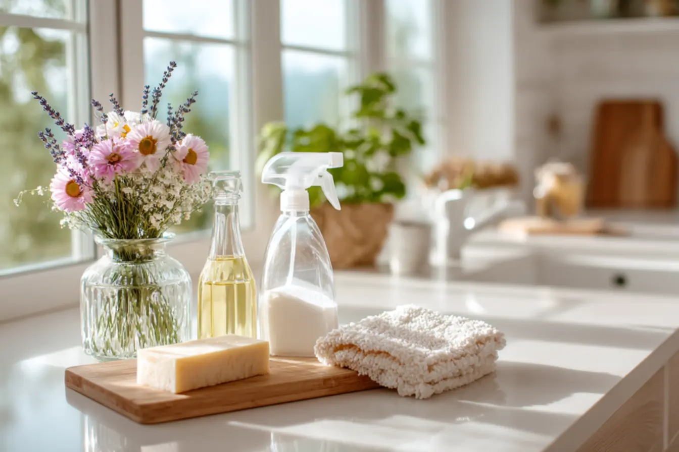 Mulher feliz economizando com limpeza natural, adeus produtos caros de limpeza.