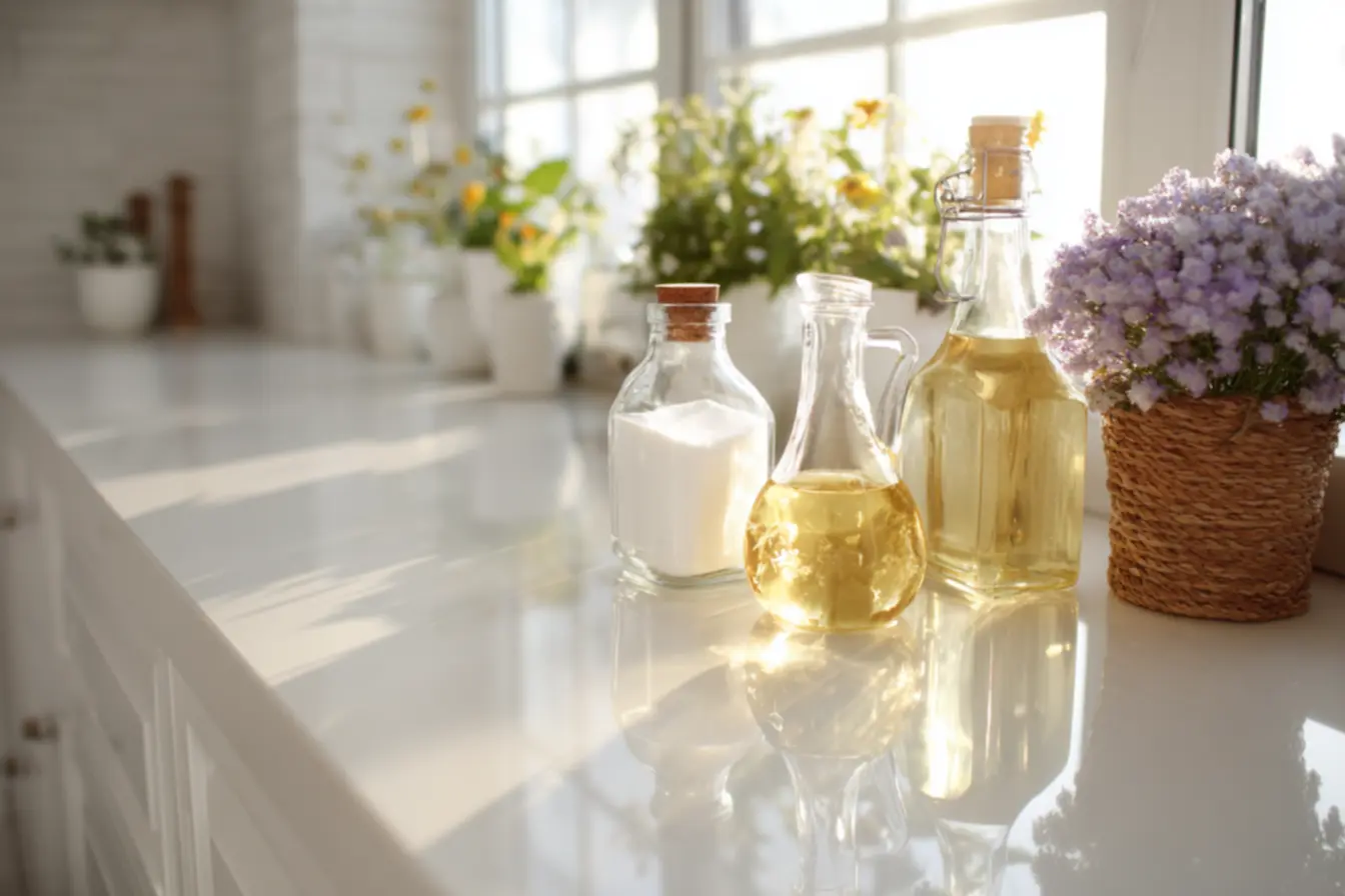 Ingredientes naturais para limpeza doméstica, como vinagre e bicarbonato.