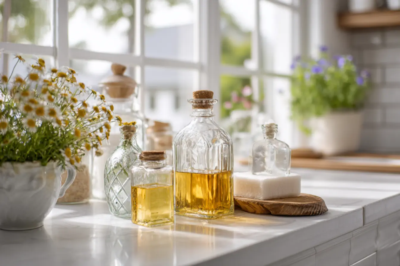 Pessoa organizando produtos de limpeza caseiros em frascos reutilizáveis.