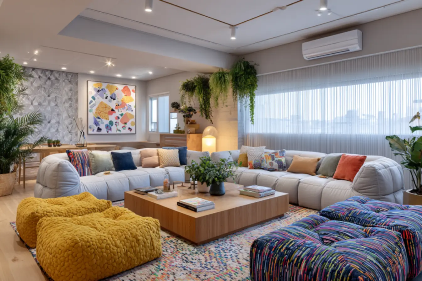 Puffs e poltronas de design moderno como alternativa ao sofá tradicional, criando pontos focais funcionais.