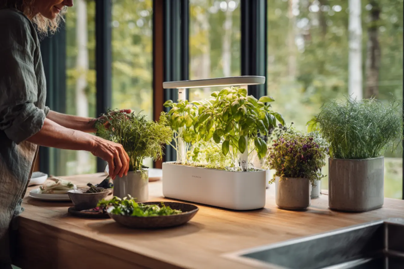 Variedade de ervas aromáticas em horta inteligente caseira