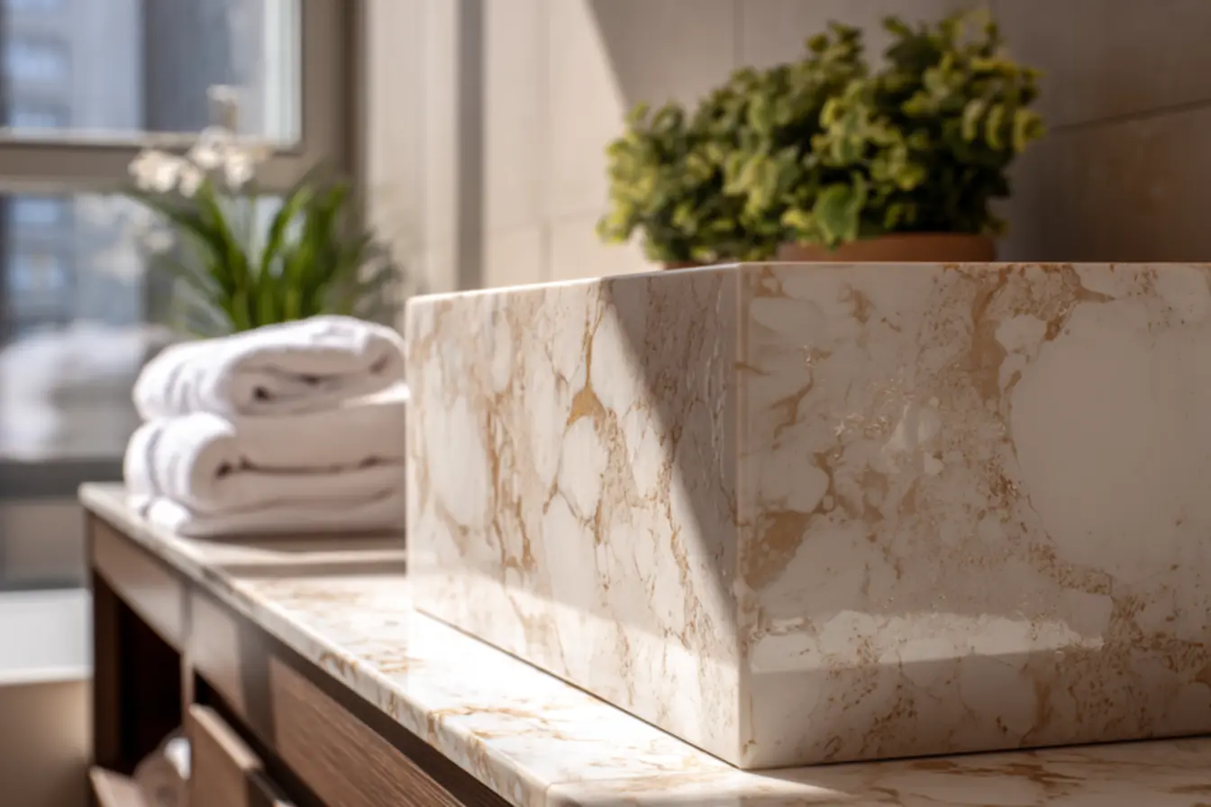 Ambiente de banheiro moderno e limpo, com box de vidro sem manchas, refletindo luz