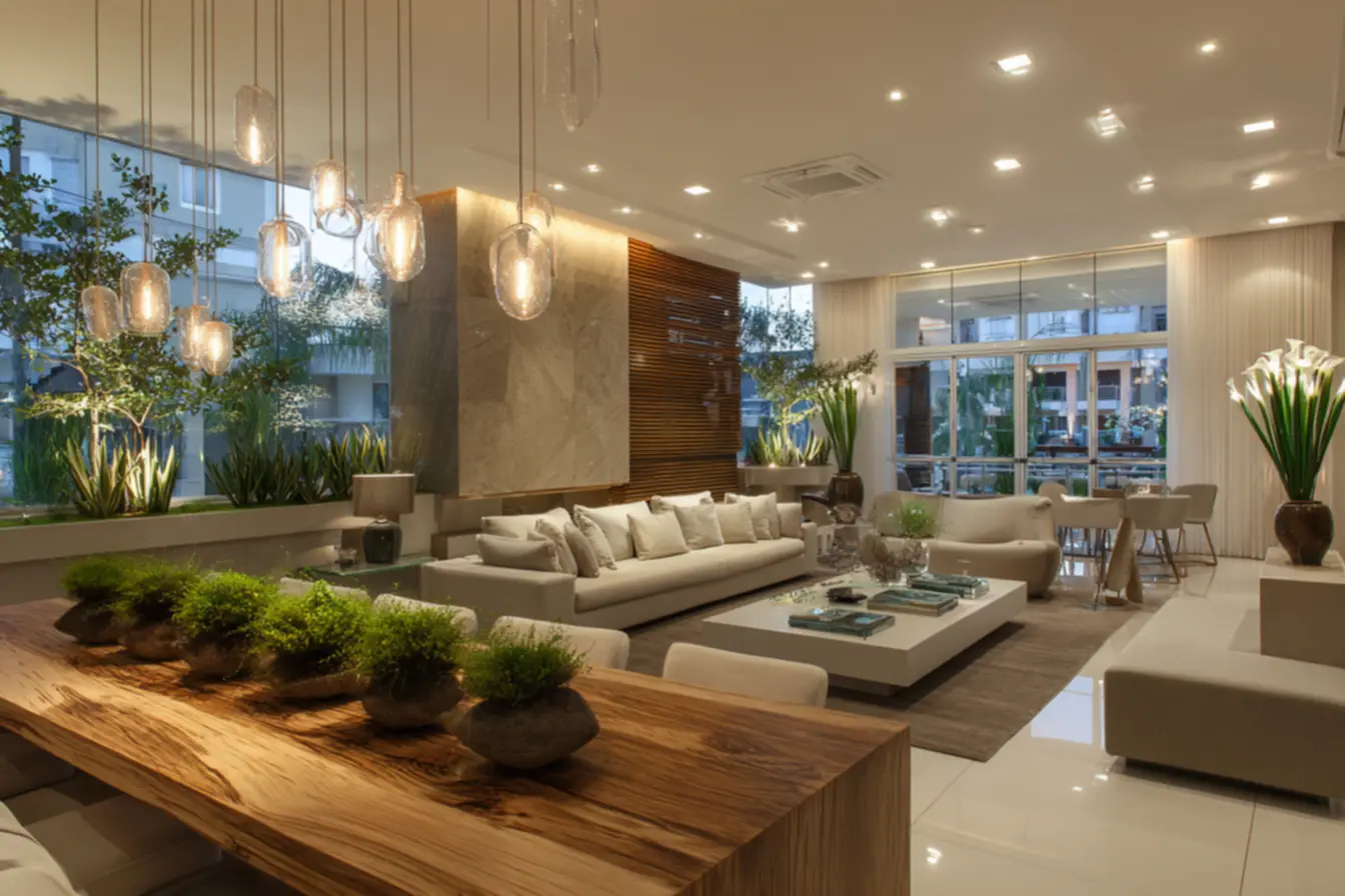 Projeto de iluminação moderna com sancas de LED e spots, evidenciando o adeus lustre central