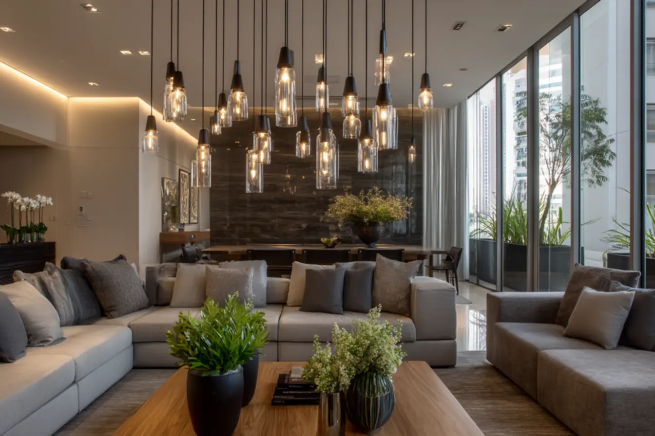 Cozinha moderna com iluminação funcional sobre bancada e spots, substituindo a iluminação central