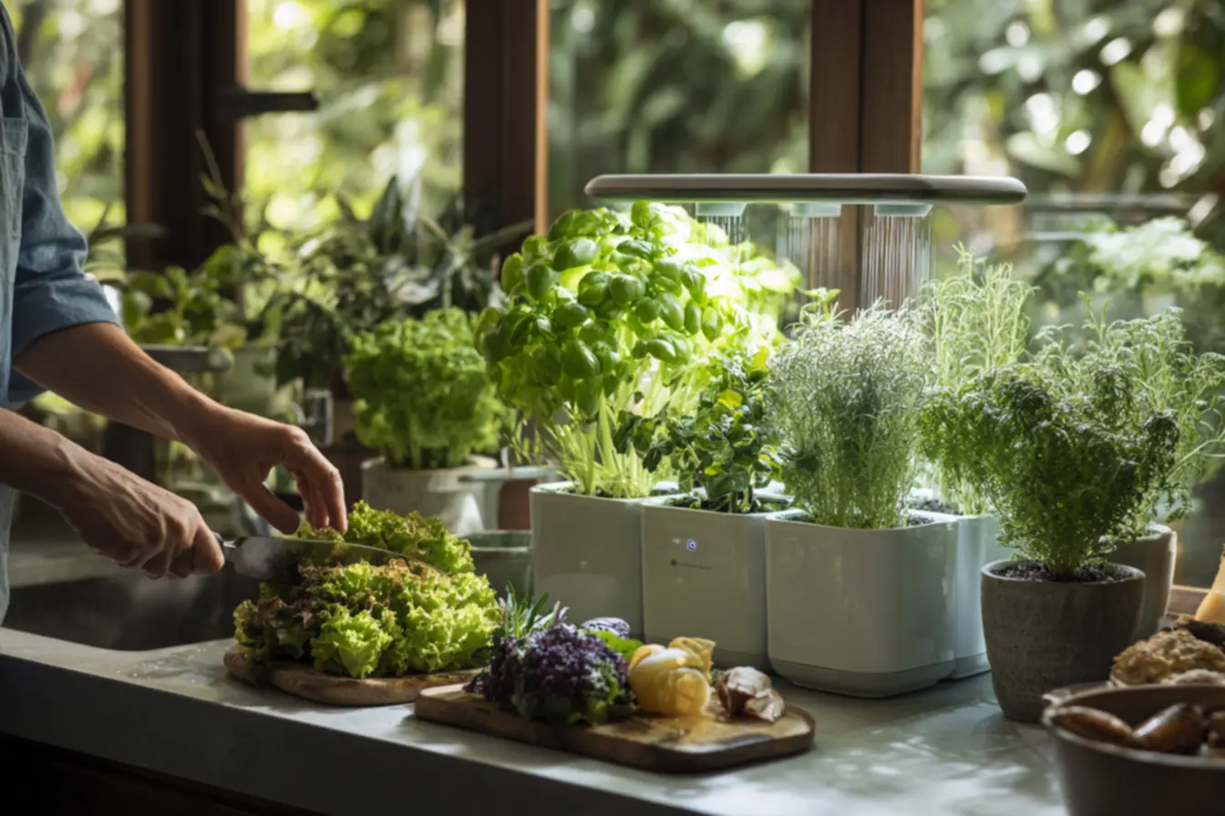 Horta inteligente vertical em casa com iluminação LED