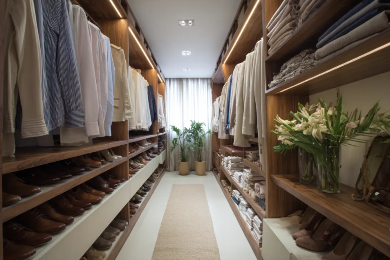 Roupas dobradas e categorizadas em gavetas, com divisórias, ilustrando a setorização inteligente para um armário organizado e funcional.