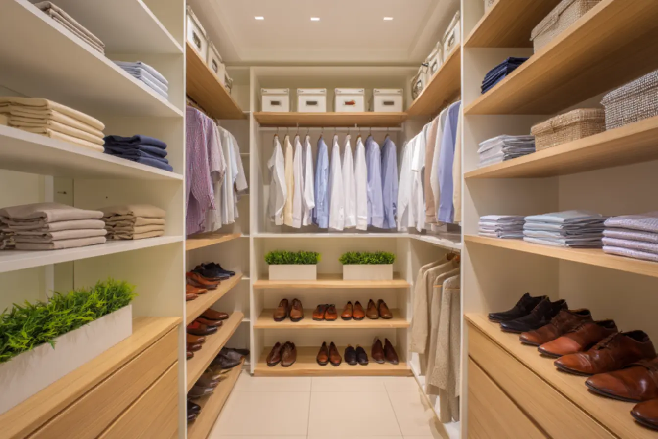 Armário otimizado com cabides padronizados e organizadores verticais, exemplificando como conquistar o espaço aéreo e ter um guarda-roupa impecável.