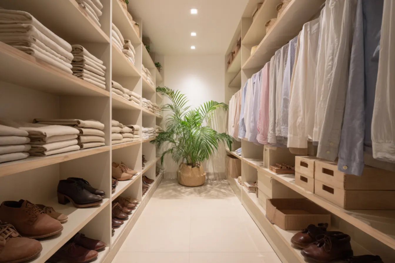 Guarda-roupa limpo e organizado com roupas bem dispostas, transmitindo a sensação de paz e clareza, simbolizando a transformação de um caos em um oásis de serenidade.