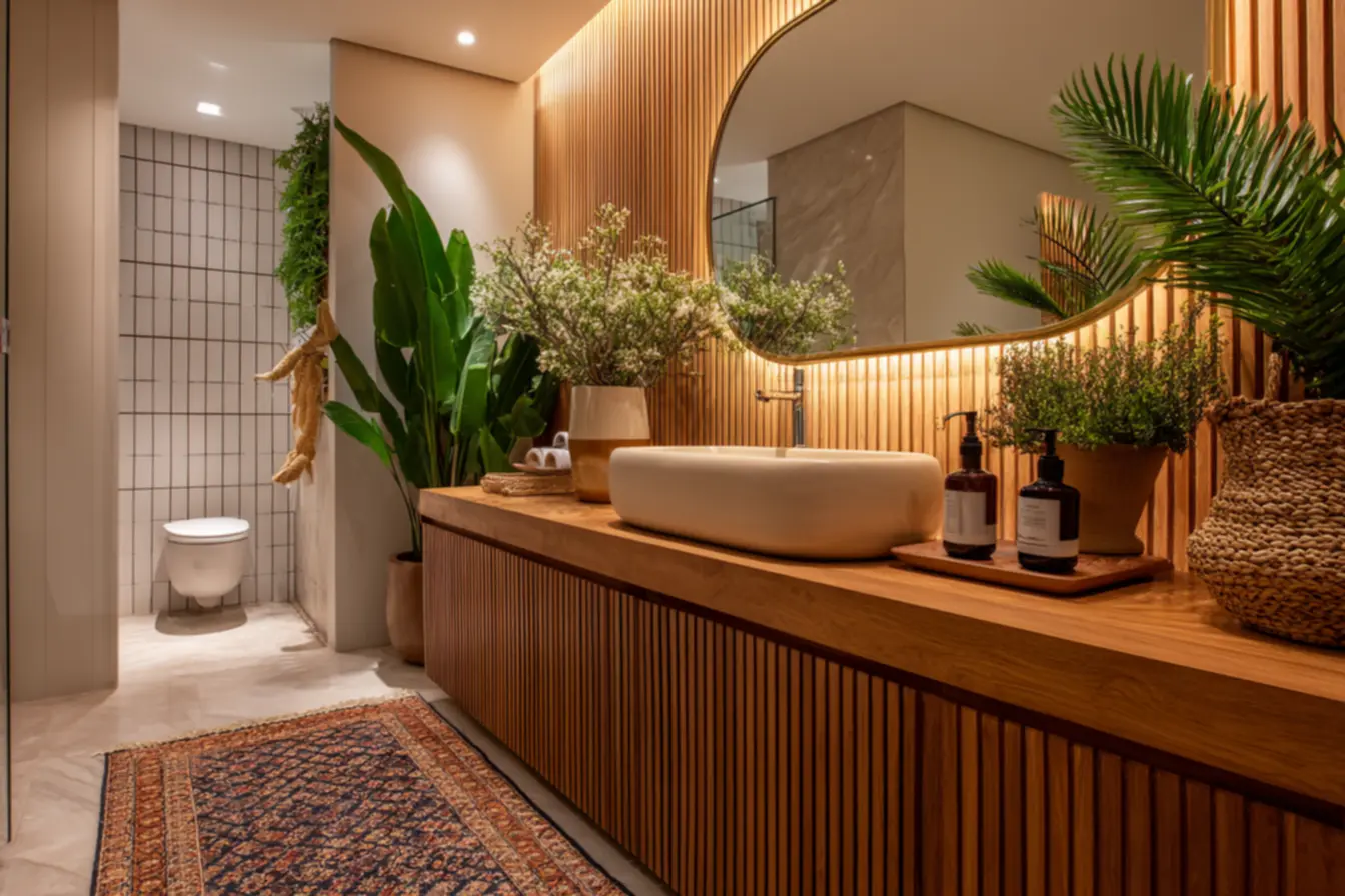 Banheiro elegante com design minimalista e materiais naturais, evidenciando o conceito Adeus tapete de banheiro velho.