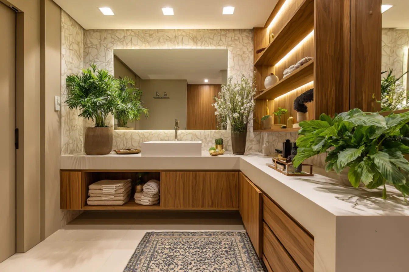 Plantas e iluminação LED criando uma atmosfera relaxante em um banheiro de 2026, com foco em bem-estar.