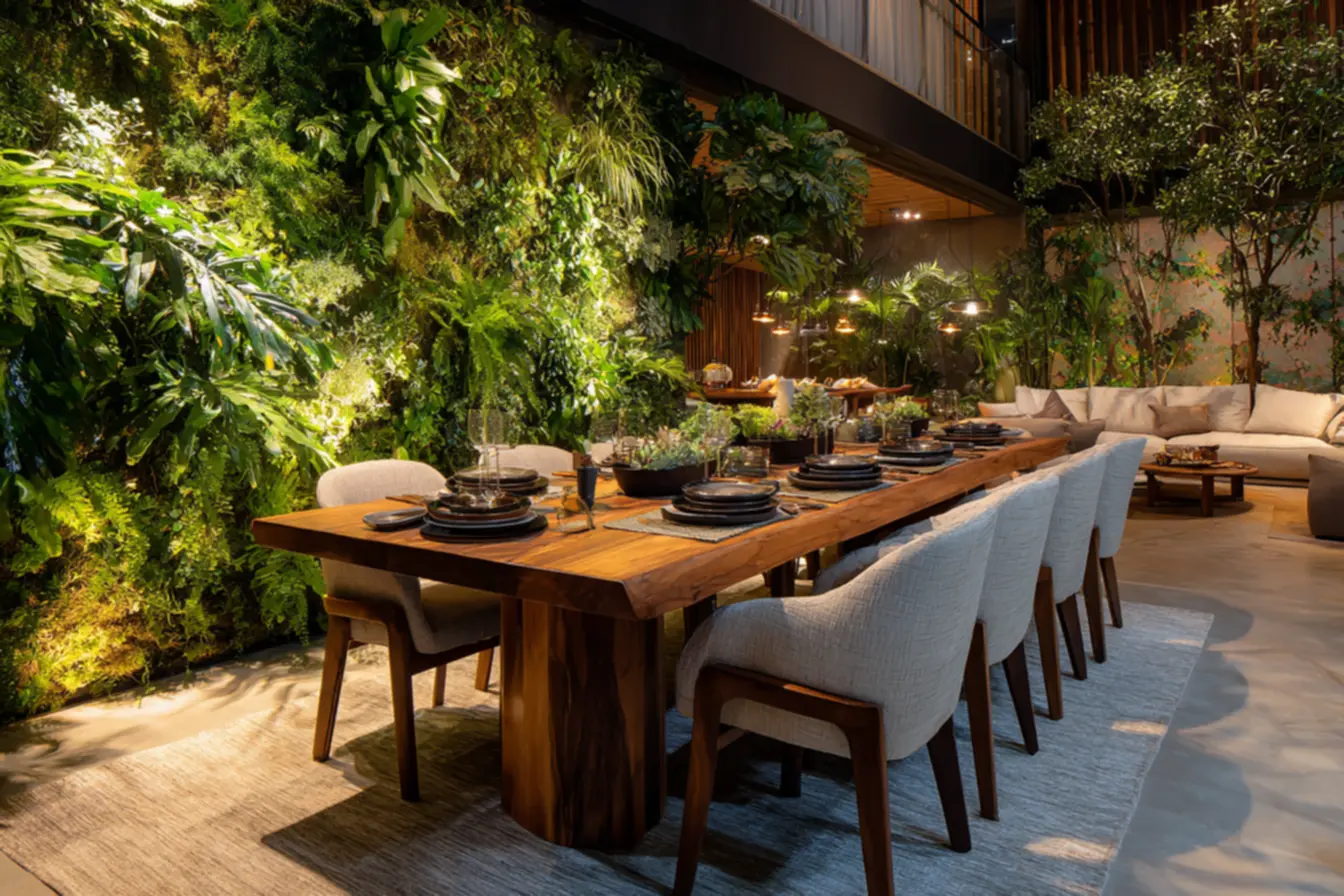 Design moderno de cozinha externa com churrasqueira e bancadas elegantes