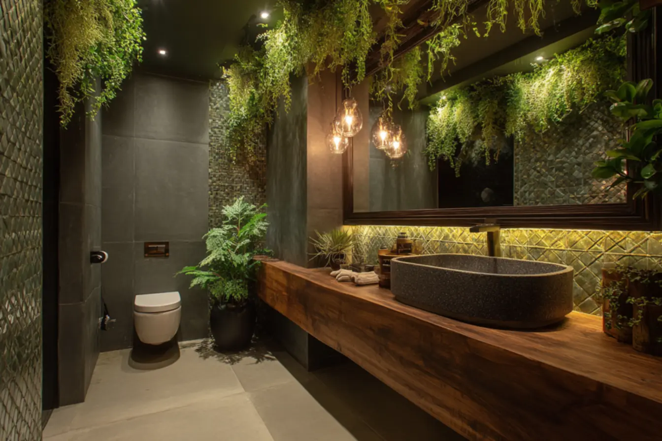 Combinação de azulejos texturizados e cores vibrantes para um banheiro que exprime personalidade