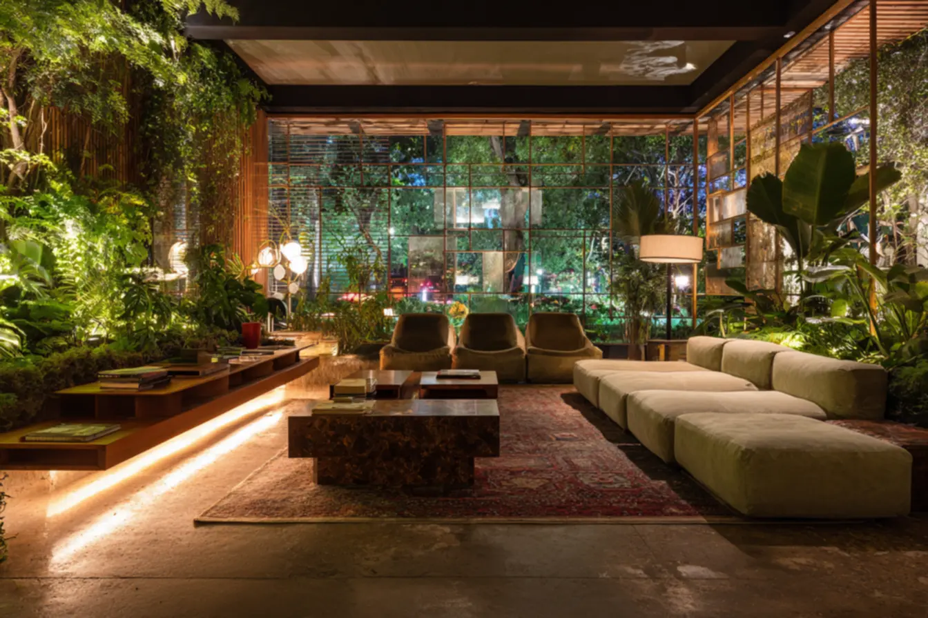 Ambiente residencial moderno com iluminação inteligente e cores vibrantes, realçando o design interior e o conforto.