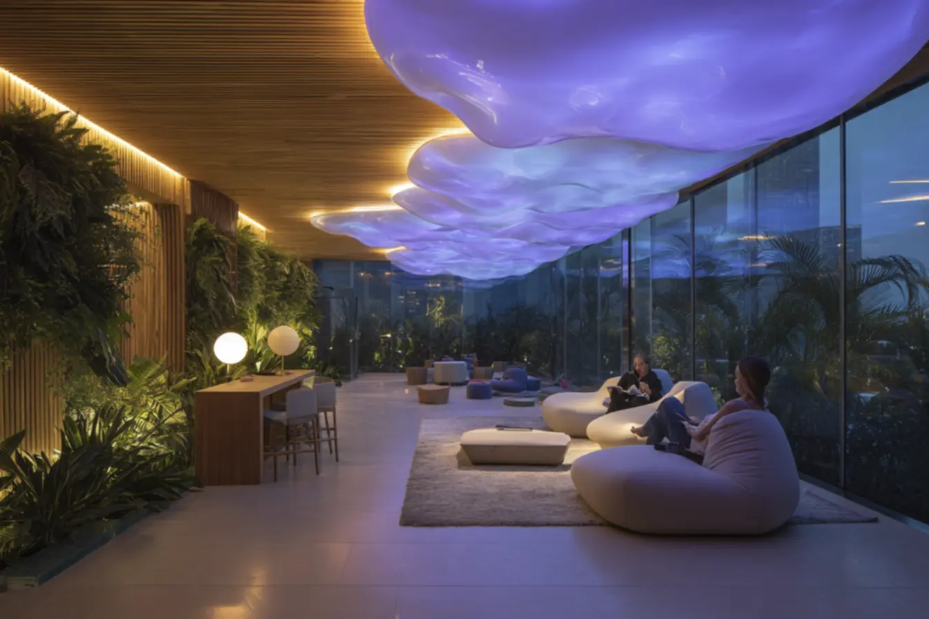 Escritório futurista com sistemas de iluminação adaptativa para maximizar a produtividade e o bem-estar dos colaboradores. Chega de sala escura.