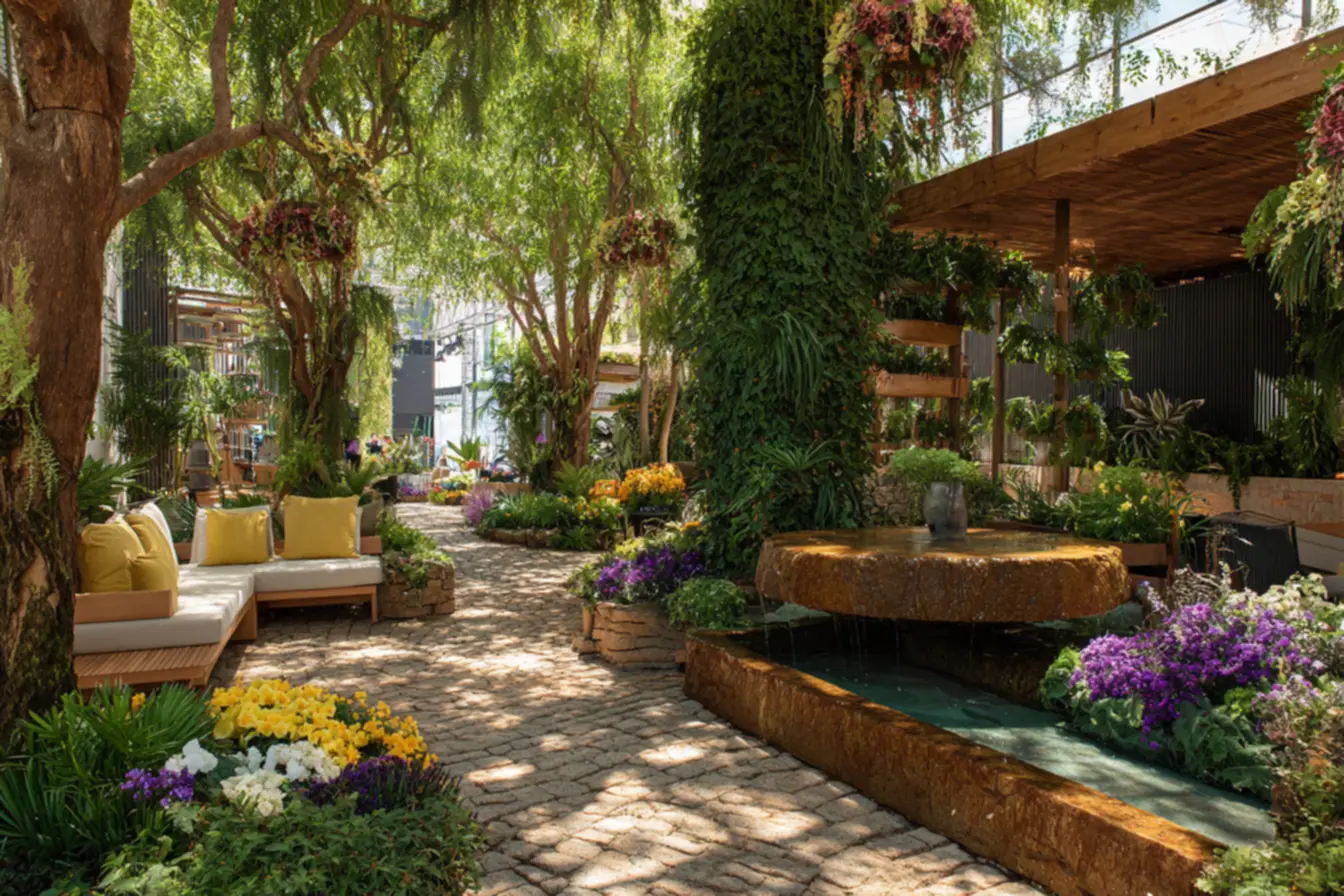 Cortador de grama robótico trabalhando em jardim autônomo, futuro do paisagismo.