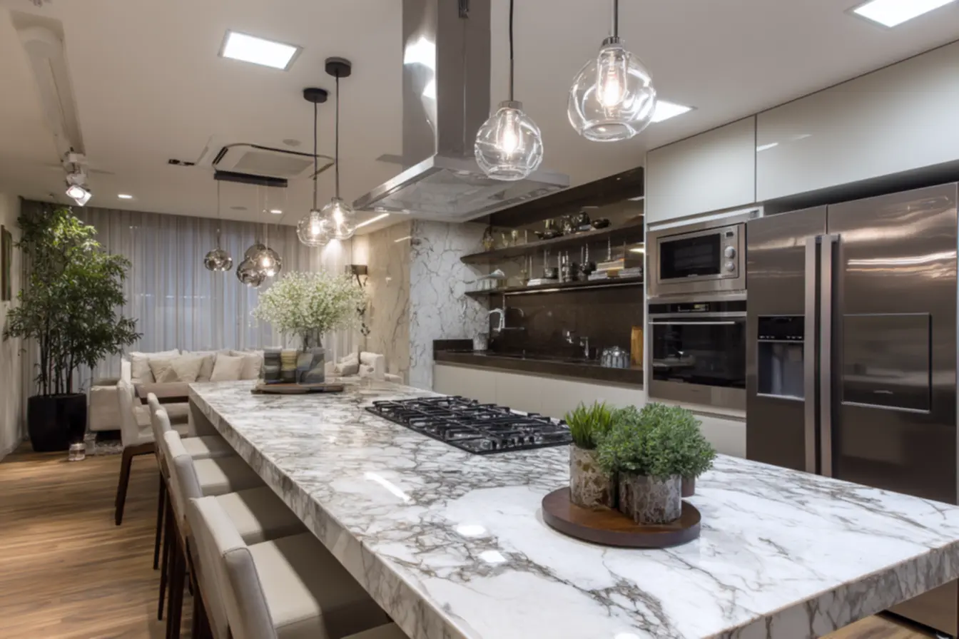 Detalhe de tomada embutida em gaveta de cozinha, organização e funcionalidade para eletrodomésticos.