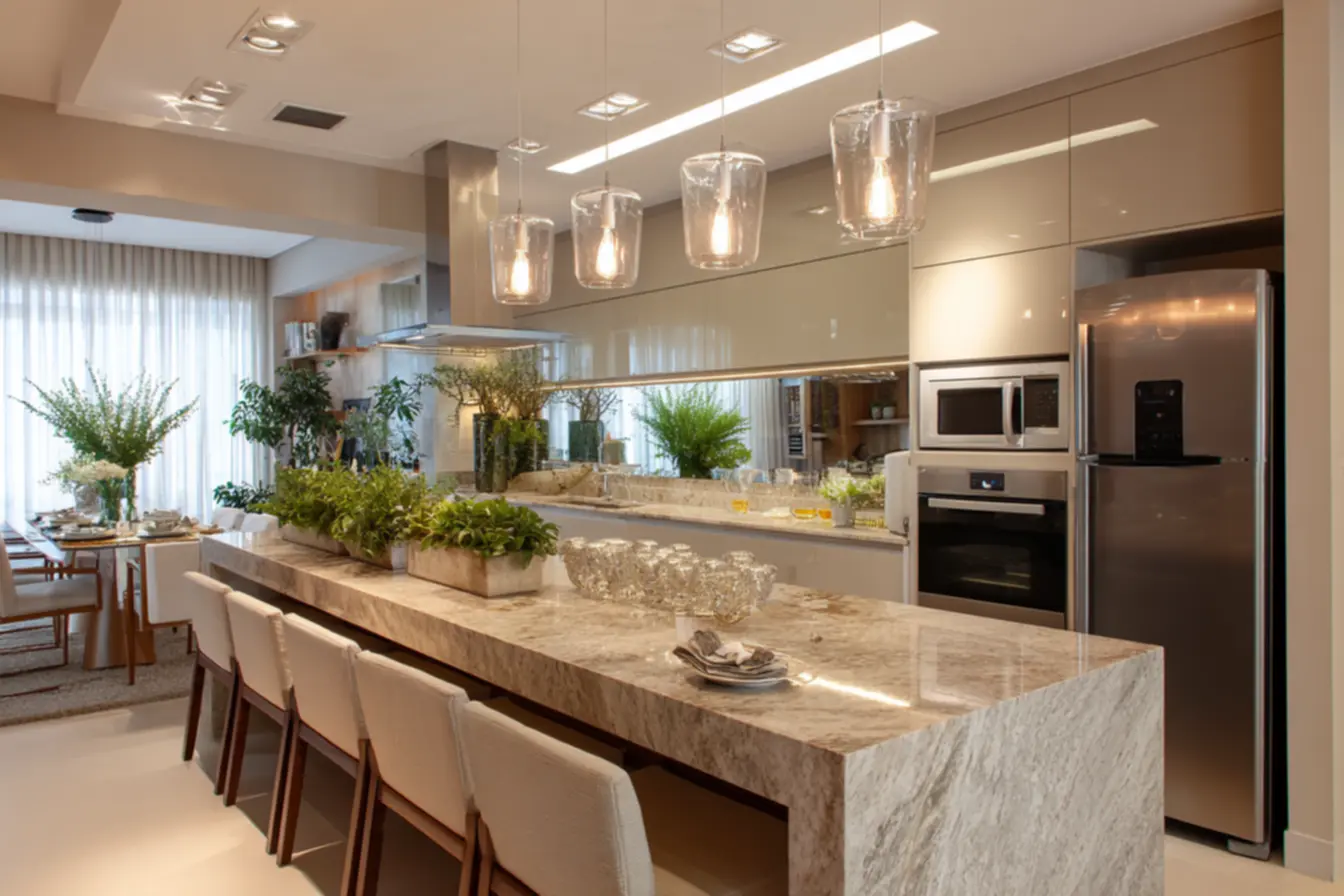 Design de cozinha planejada com iluminação LED e tomadas estrategicamente posicionadas, garantindo segurança e modernidade para Chega de cozinha sem tomada.