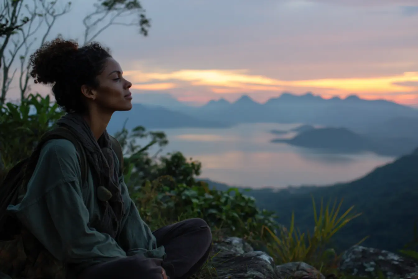 Pessoa meditando em meio ao caos digital, focando no essencial e dizendo Adeus modismos que não duram.