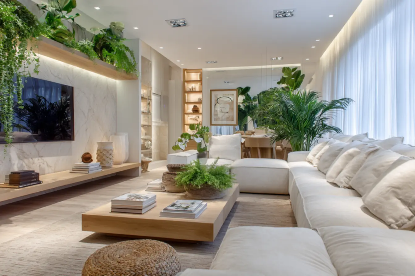 Sala de estar moderna com design compacto e multifuncional para otimizar espaços, Chega de mesa de centro grande